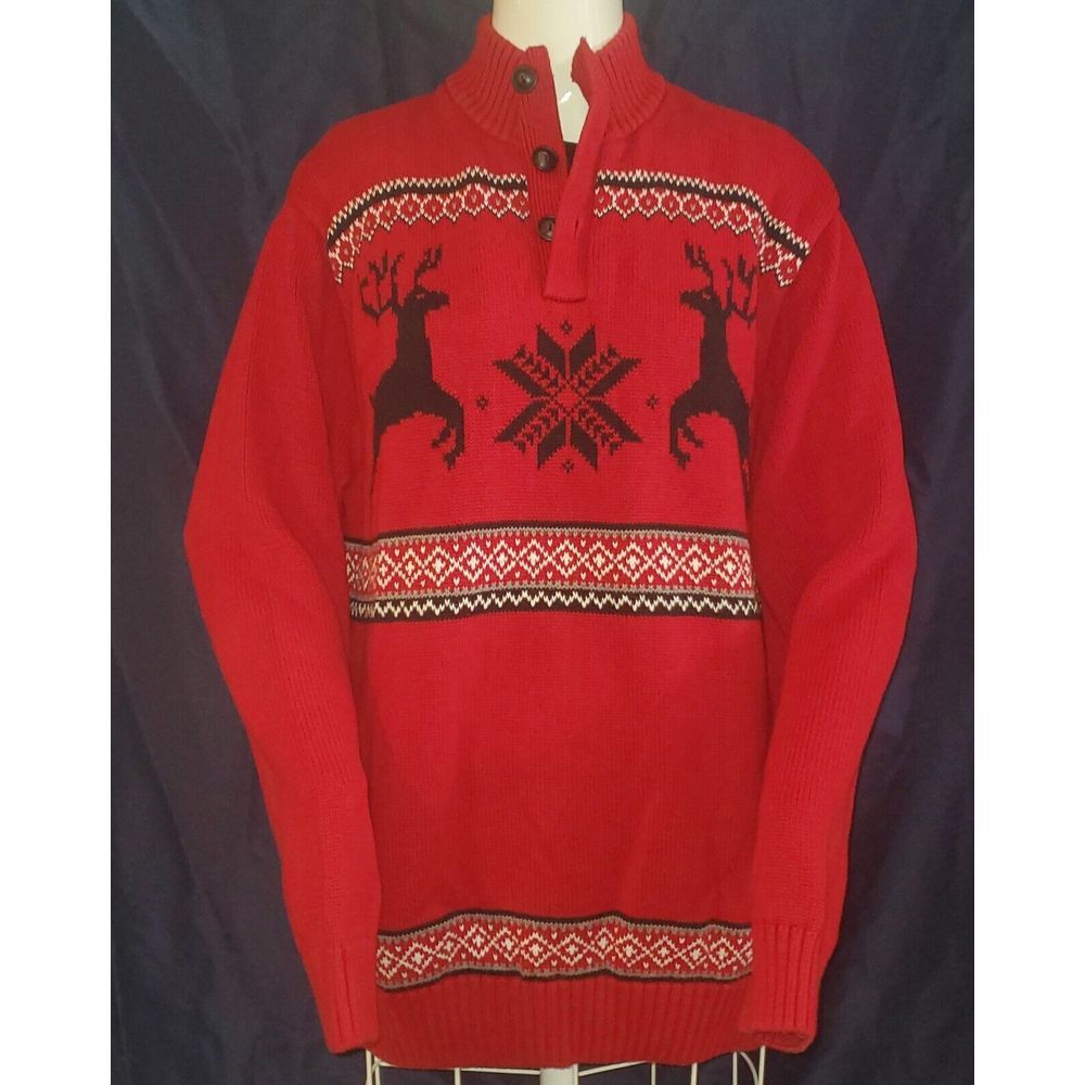 Chaps Sweater Adult Large Pullover Henley Neck Reindeer Fair Isle Christmas Red
